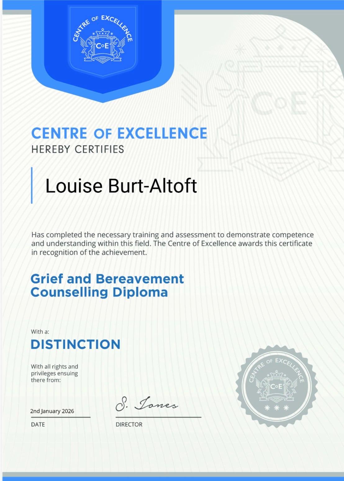 Certificate: Grief and Bereavement Counselling Diploma (Distinction)